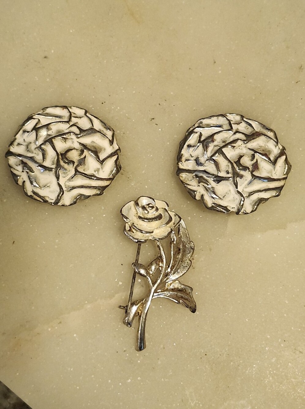 Sarah Coventry "Powder Puff" Silver Tone & White Enamel Earrings & Floral Brooch